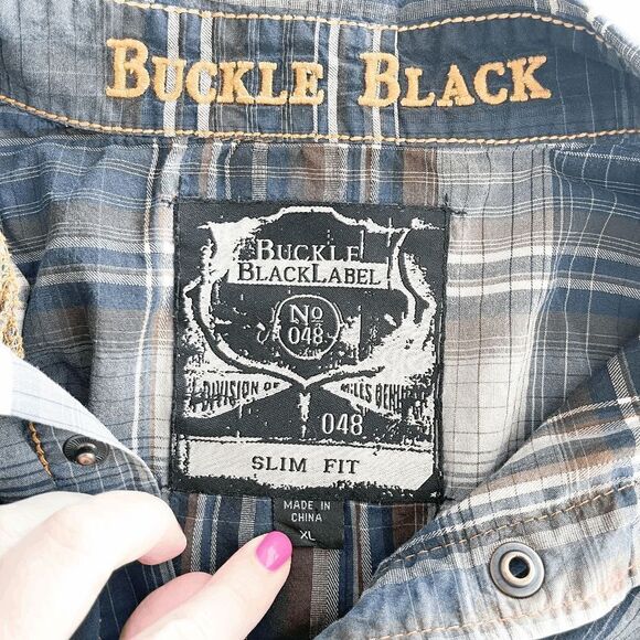 Buckle Black Western Mens Shirt Snap Up Long Sleeve Plaid Blue Slim Fit XL - Picture 3 of 8